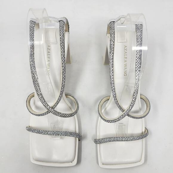 Azalea Wang Heeled Sandals Women 7 White Statement Sparkle Strappy Square Toe - Picture 4 of 10